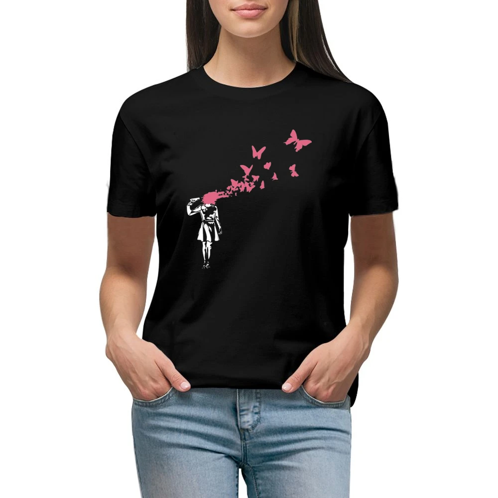 persona shooting own head and red blood butterfly fun art Premium Women Ladies T-shirt