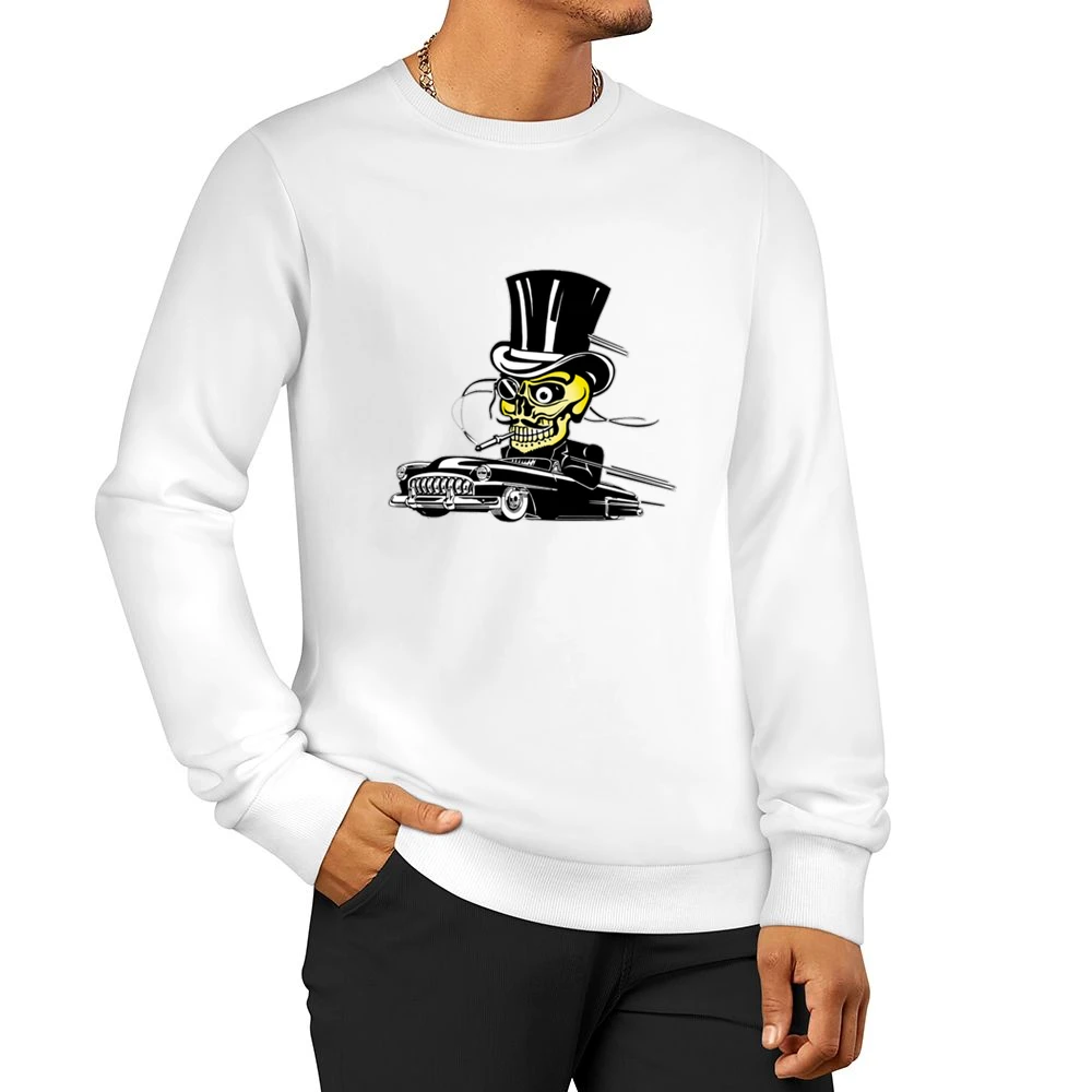 skull driving with suit and hat and mustache black car Men Pullover Sweatshirt