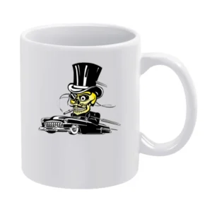 skull driving with suit and hat and mustache black car White Mug